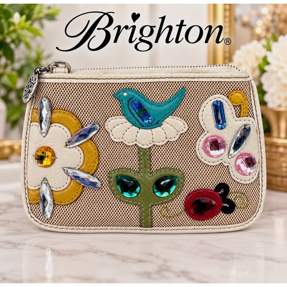 Brighton By The Sea Double Zip Coin Purse Wallet Jeweled Bird Floral Crystal
